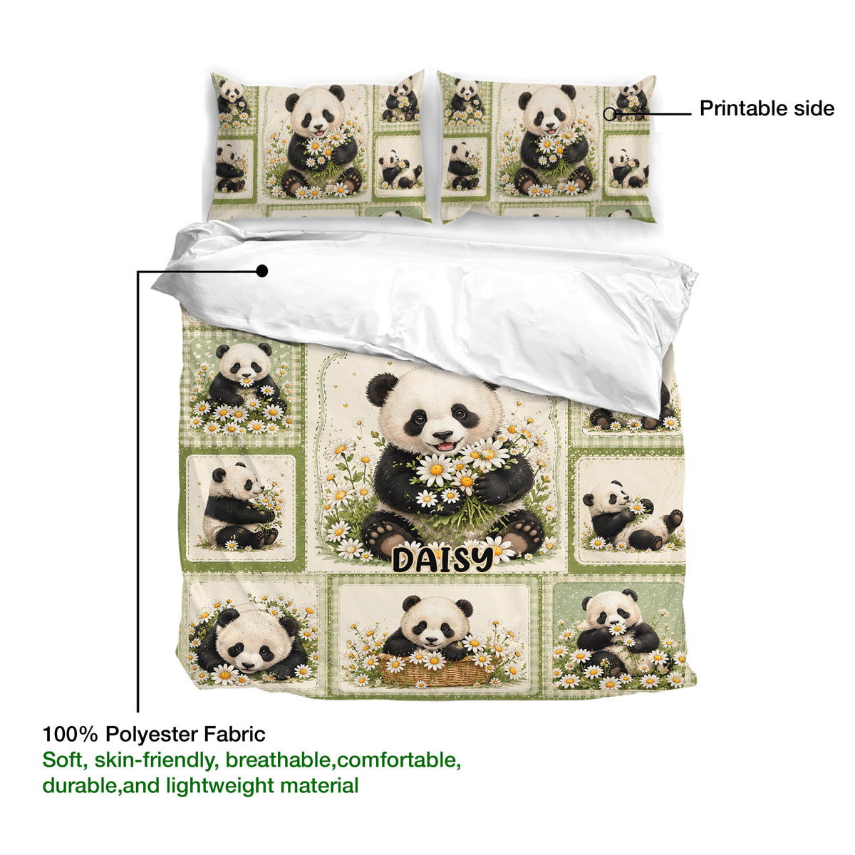 Panda duvet cover set showing printed artwork, white reverse side, and lightweight fabric presentation