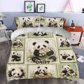 Panda duvet cover bedding set styled in a bedroom with floral panda artwork and green decorative accents