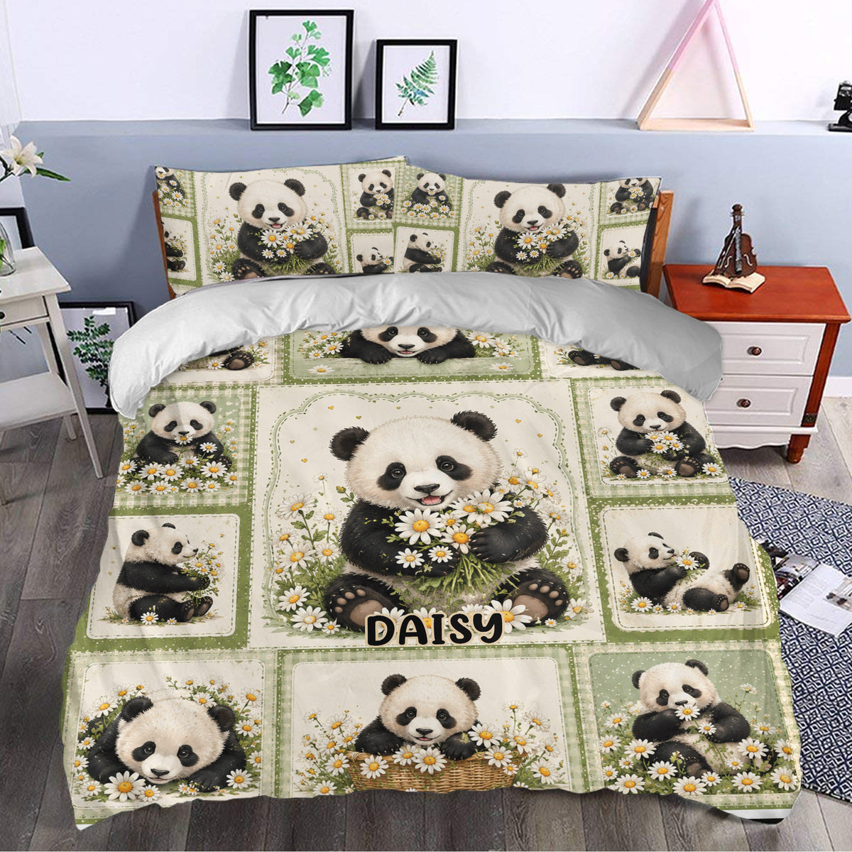 Panda duvet cover bedding set styled in a bedroom with floral panda artwork and green decorative accents