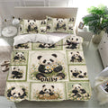 Panda bedding set displayed on a modern bed with daisy-filled panda artwork and matching pillowcases