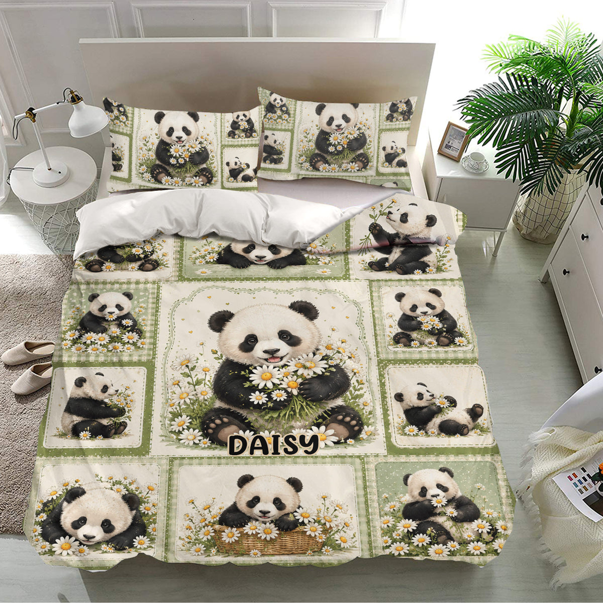 Panda bedding set displayed on a modern bed with daisy-filled panda artwork and matching pillowcases