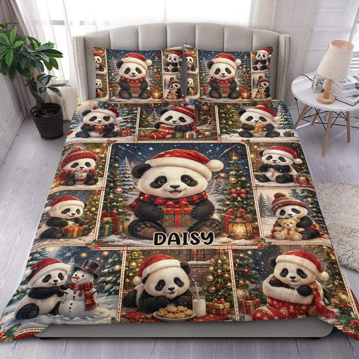 Panda Christmas duvet cover set displayed on a bed with festive scenes, gifts, trees, and matching pillowcases