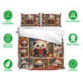 Panda Christmas bedding set shown with matching pillowcases and soft, breathable fabric feature icons