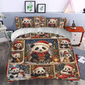 Festive panda duvet cover set styled in a bedroom with Christmas trees, presents, and matching pillowcases