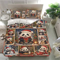 Christmas panda bedding set presented in a bright bedroom with colorful holiday artwork and matching pillows
