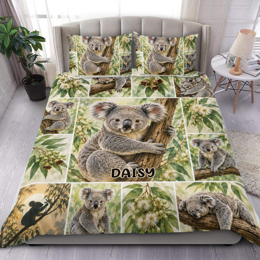 Koala duvet cover set displayed on a bed with eucalyptus leaves and multiple koala scenes