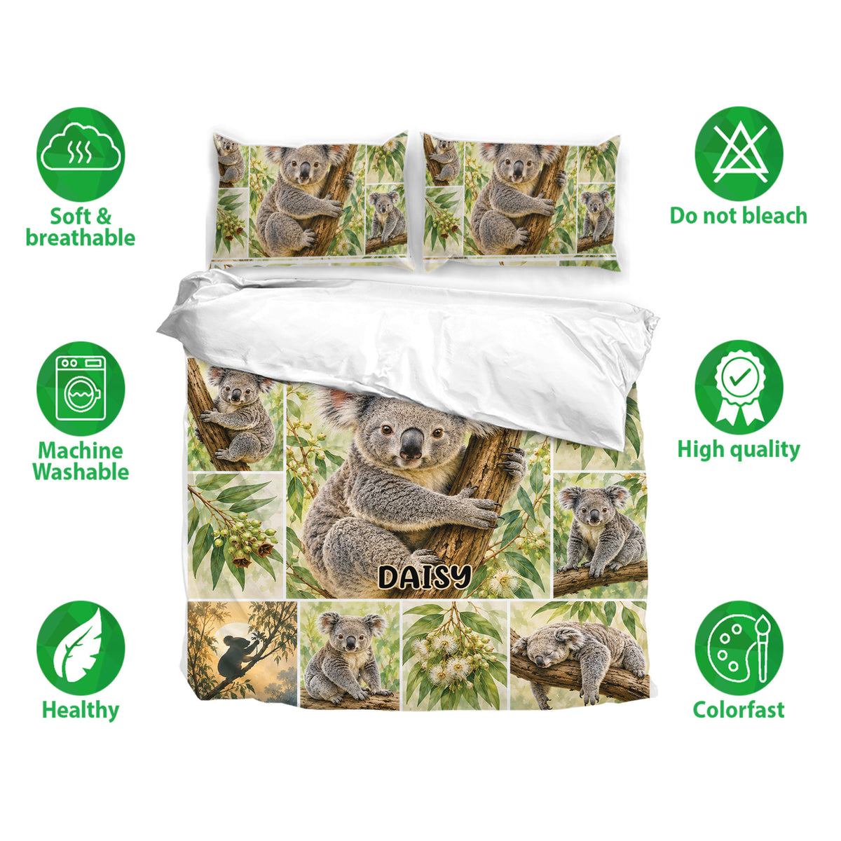 Koala bedding set shown with matching pillowcases and soft breathable fabric features