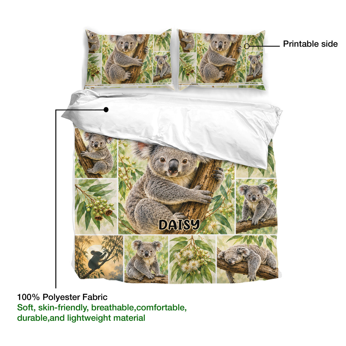 Koala duvet cover with eucalyptus artwork shown alongside printable side and fabric details