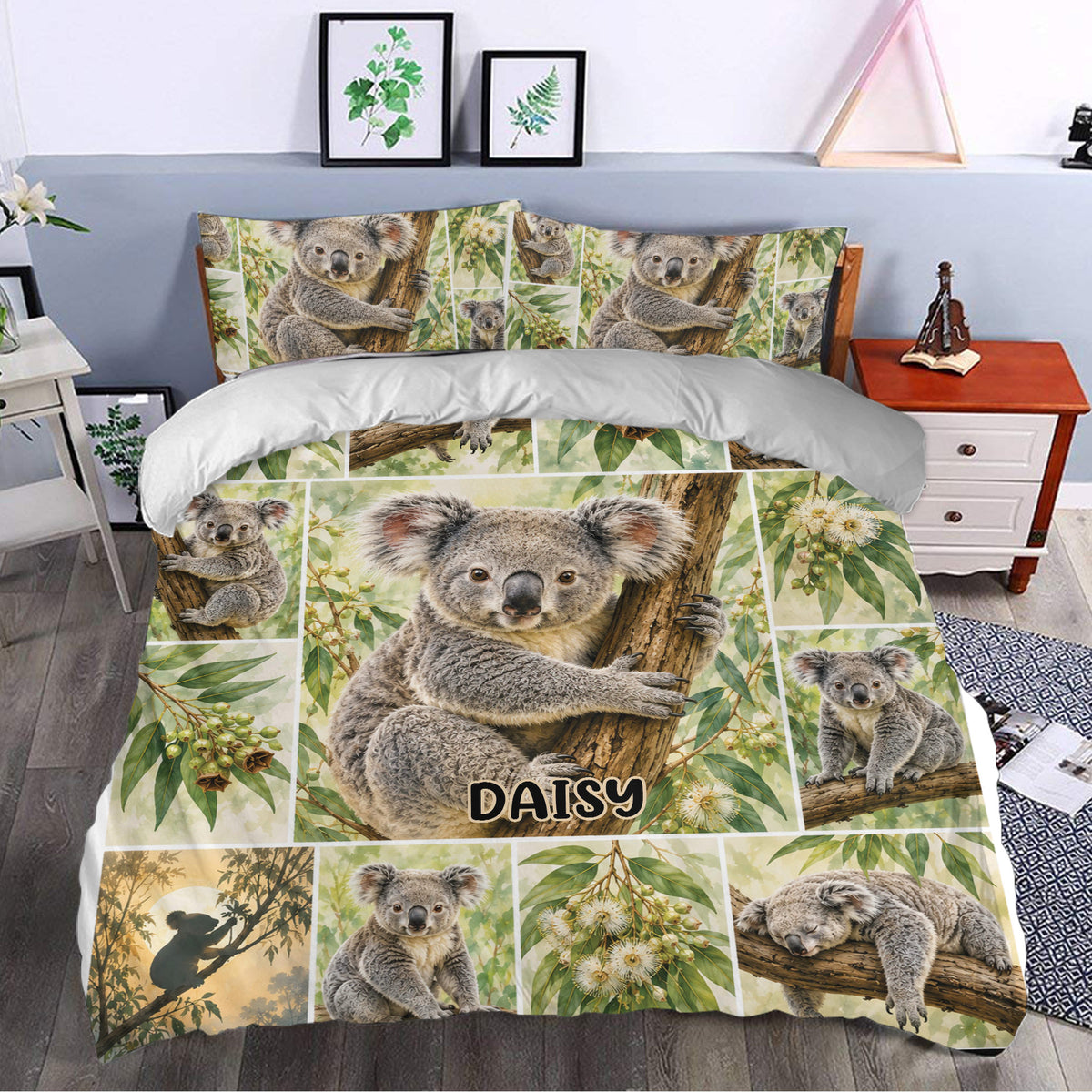 Koala duvet cover bedding set styled in a bedroom with botanical wall art and natural decor