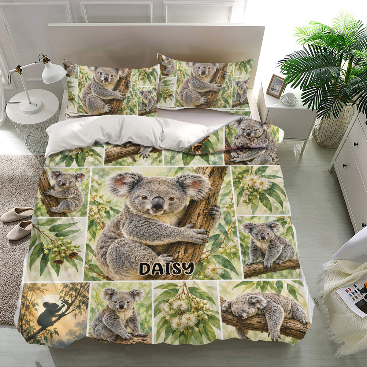 Australian koala duvet cover set presented in a bright bedroom with matching pillowcases