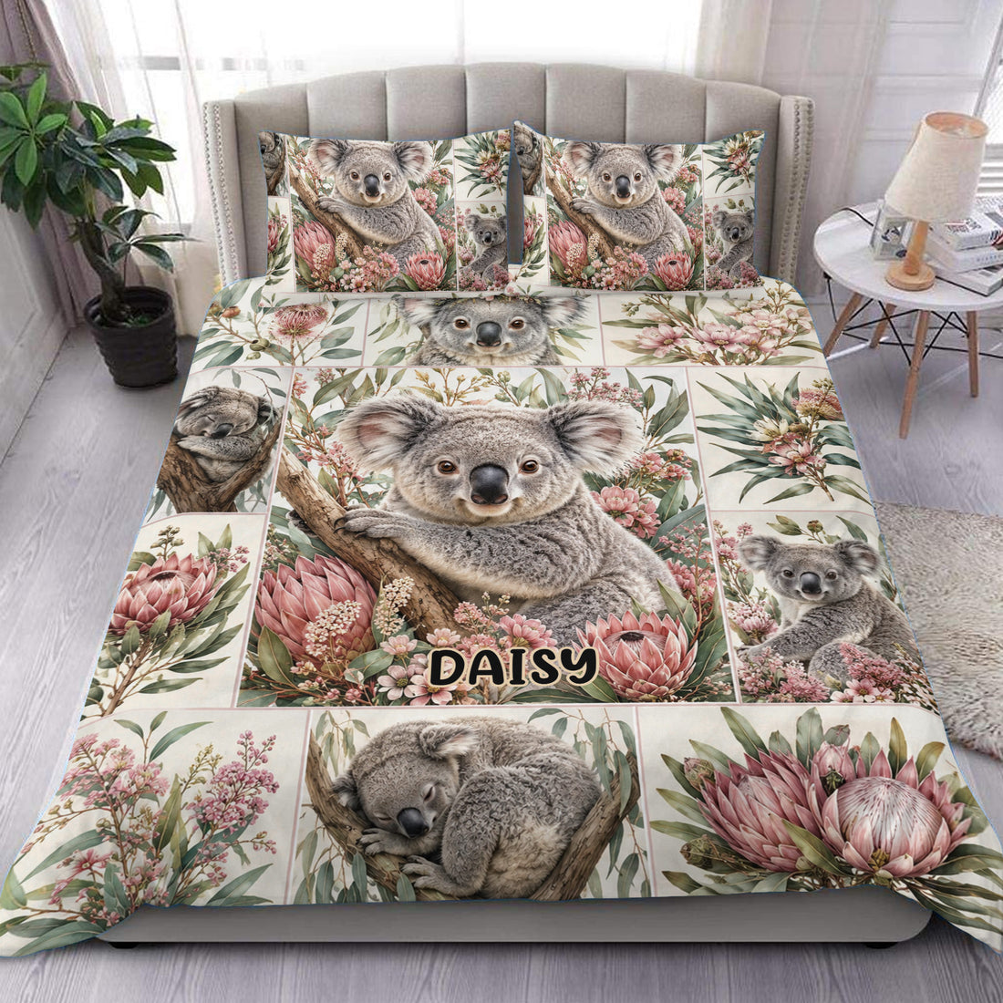 Koala duvet cover set displayed on a bedroom bed with floral Australian wildlife artwork