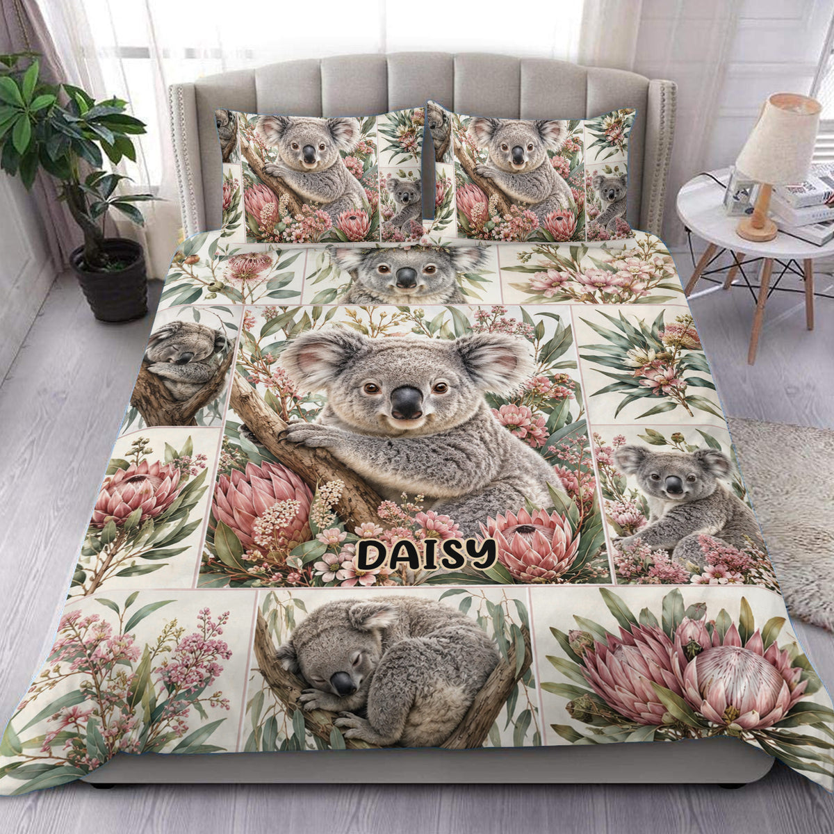 Koala duvet cover set displayed on a bedroom bed with floral Australian wildlife artwork