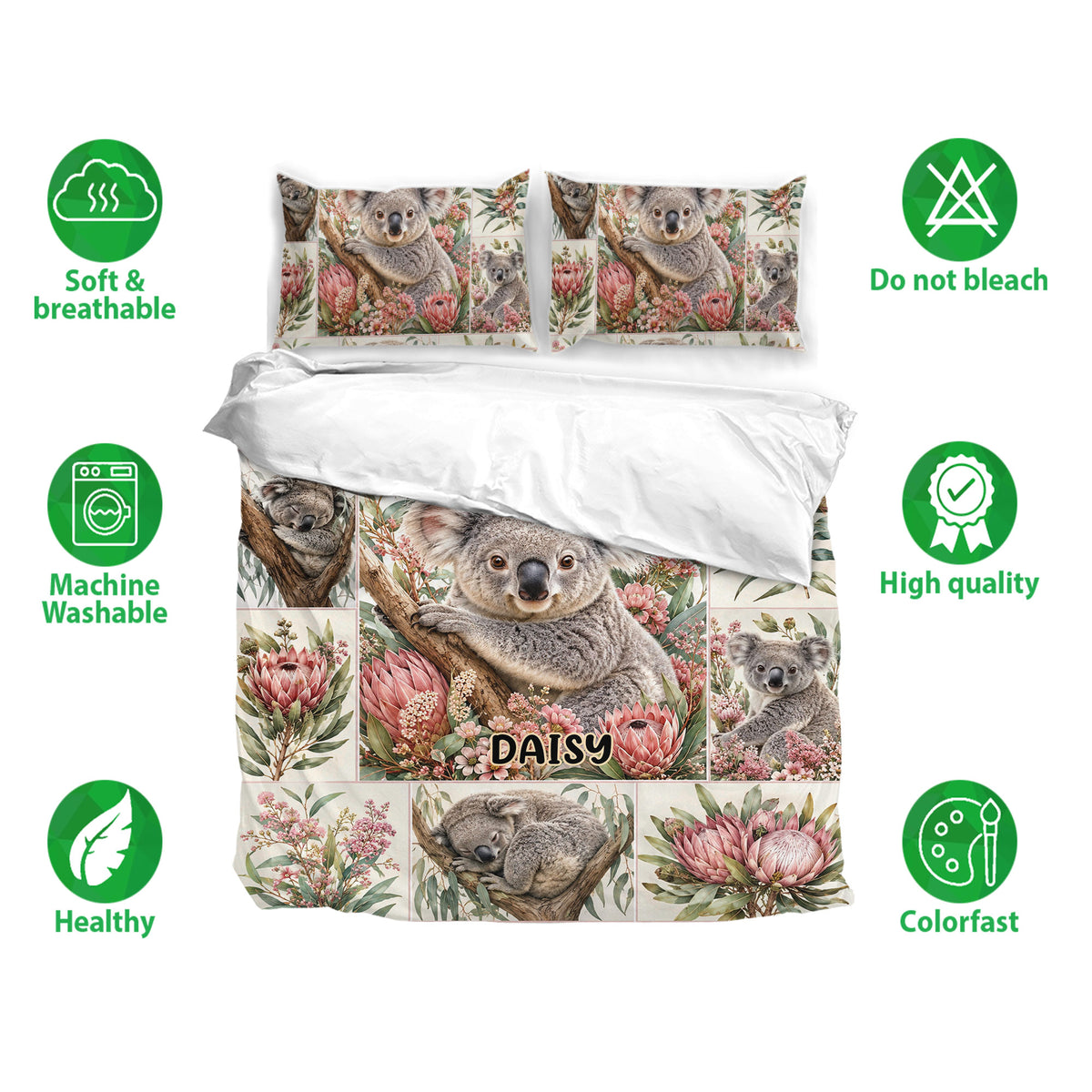 Koala bedding set shown with matching pillowcases, floral artwork, and care feature icons