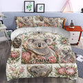 Koala duvet cover styled in a bedroom with Australian wildlife and pink floral artwork