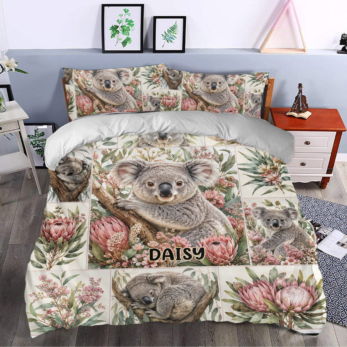 Koala duvet cover styled in a bedroom with Australian wildlife and pink floral artwork