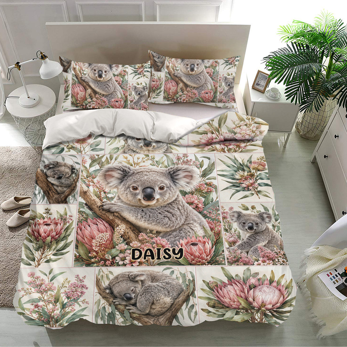 Koala bedding set displayed in a bright bedroom with botanical floral decor