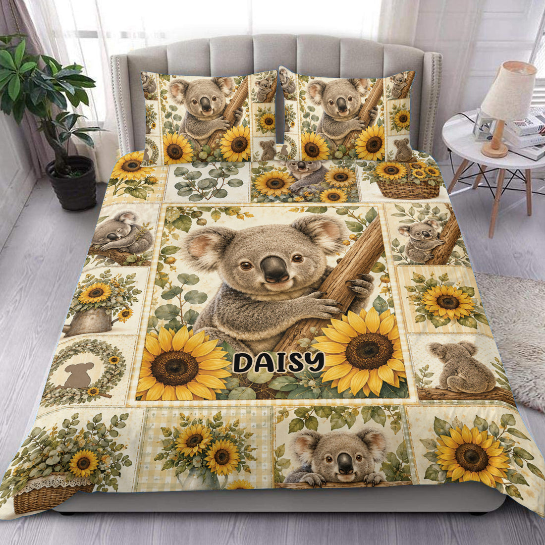 Koala duvet cover set displayed on a bed with sunflower panels, eucalyptus leaves, and woodland-inspired artwork
