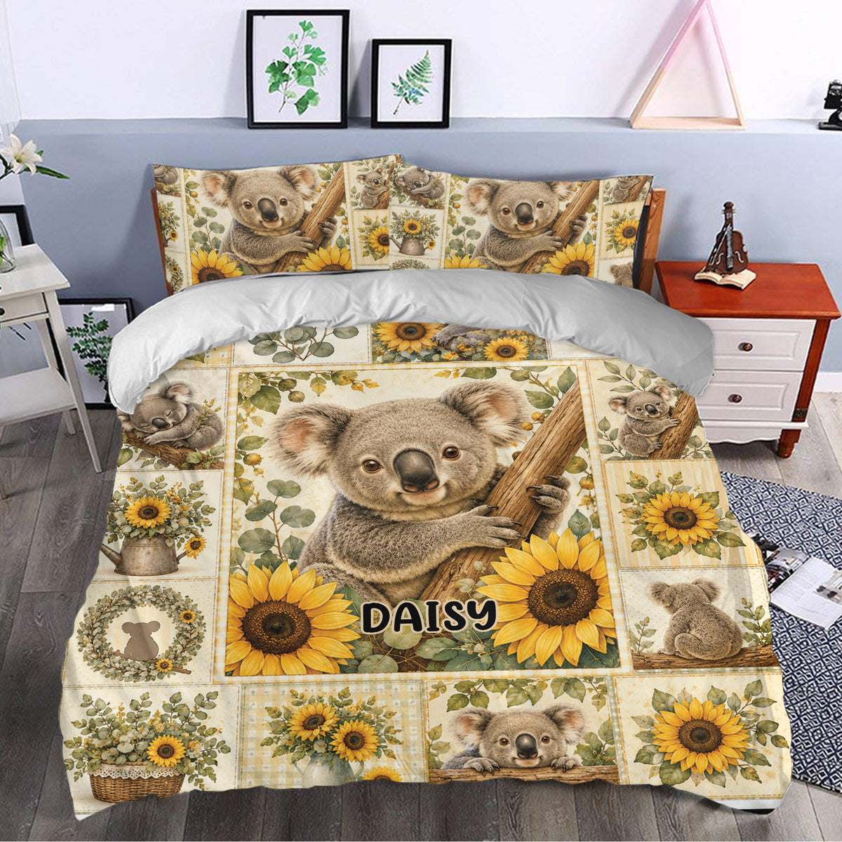 Koala duvet cover styled in a bedroom with sunflower, eucalyptus, and Australian wildlife artwork