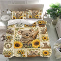 Koala bedding set displayed in a bright bedroom with sunflower panels, eucalyptus leaves, and matching pillowcases