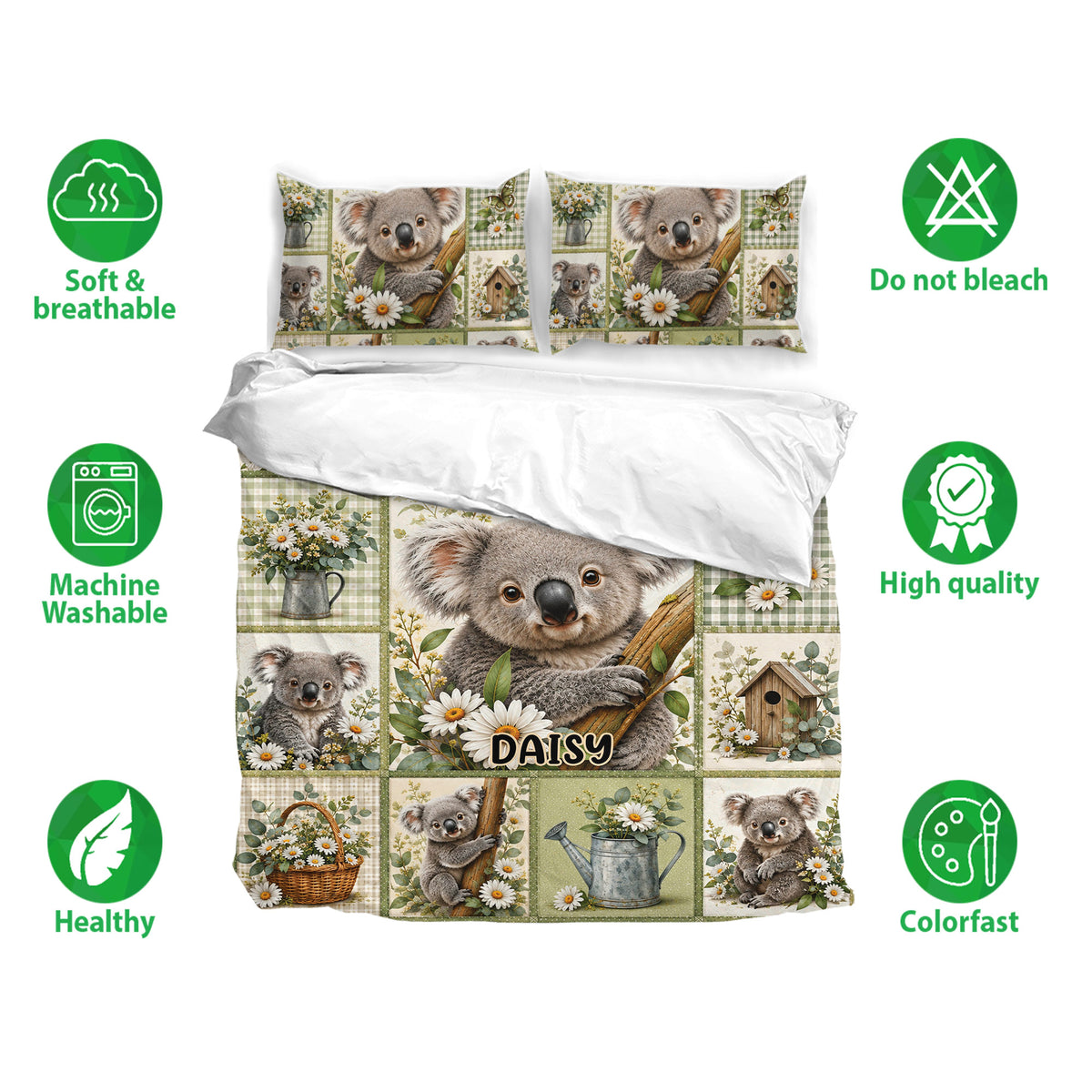 Koala bedding set shown with matching pillowcases and soft green floral artwork in a full bedroom arrangement