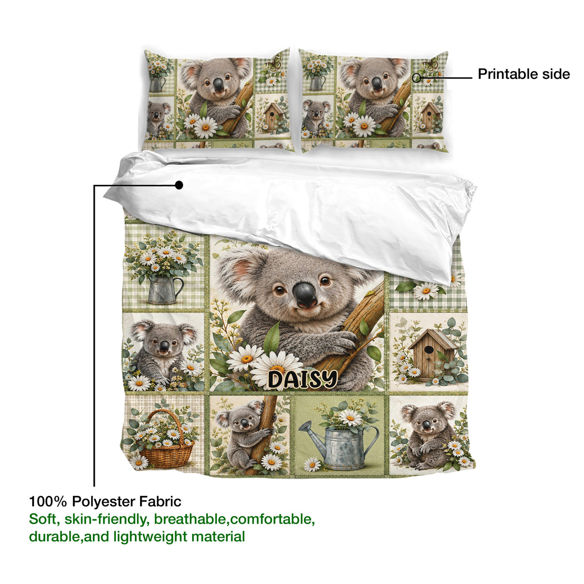 Koala duvet cover set feature guide showing printed artwork, lightweight fabric, and matching pillowcases