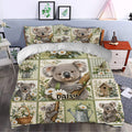 Koala duvet cover styled in a bedroom with green botanical accents, daisies, butterflies, and rustic garden details