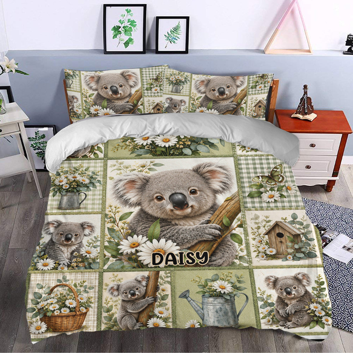Koala duvet cover styled in a bedroom with green botanical accents, daisies, butterflies, and rustic garden details
