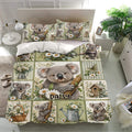 Koala bedding set presented in a bright bedroom with matching pillowcases and detailed floral wildlife artwork