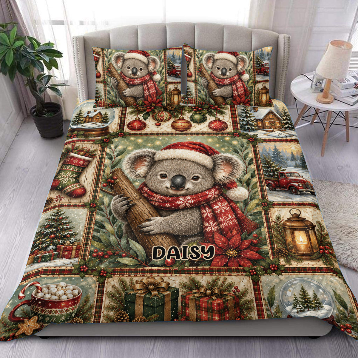 Christmas koala duvet cover set displayed on a bed with holly, ornaments, gifts, lanterns, and snowy scenes