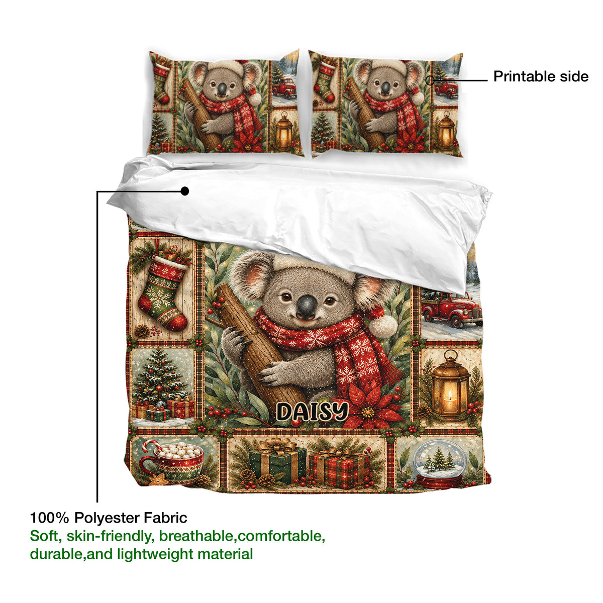 Koala Christmas duvet cover shown with matching pillowcases and a plain reverse side