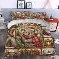 Festive koala duvet cover set styled in a bedroom with red scarves, greenery, gifts, and holiday accents