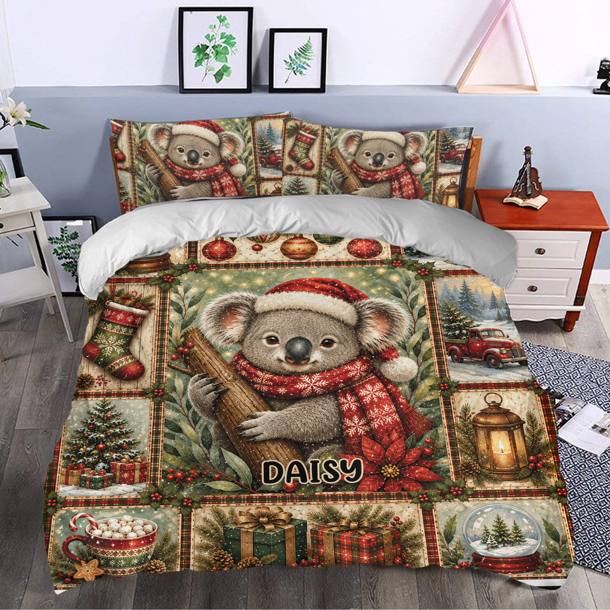 Festive koala duvet cover set styled in a bedroom with red scarves, greenery, gifts, and holiday accents