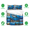 Shark bedding set with matching pillowcases, ocean artwork, breathable fabric, and vibrant blue reef imagery