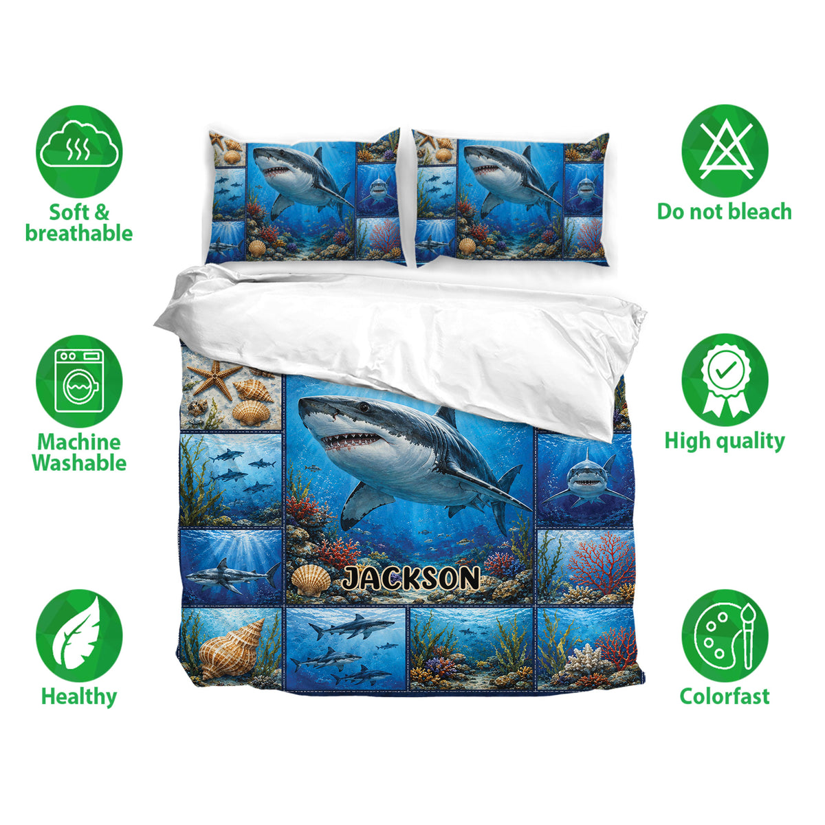 Shark bedding set with matching pillowcases, ocean artwork, breathable fabric, and vibrant blue reef imagery