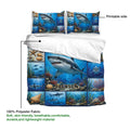 Shark duvet cover set shown with ocean artwork, polyester fabric detail, and matching underwater pillowcases