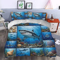 Shark duvet cover bedding displayed in a bedroom with colorful coral reefs, sea shells, and deep blue ocean scenes