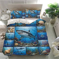 Ocean shark bedding set styled in a bright bedroom with matching pillowcases and detailed underwater artwork