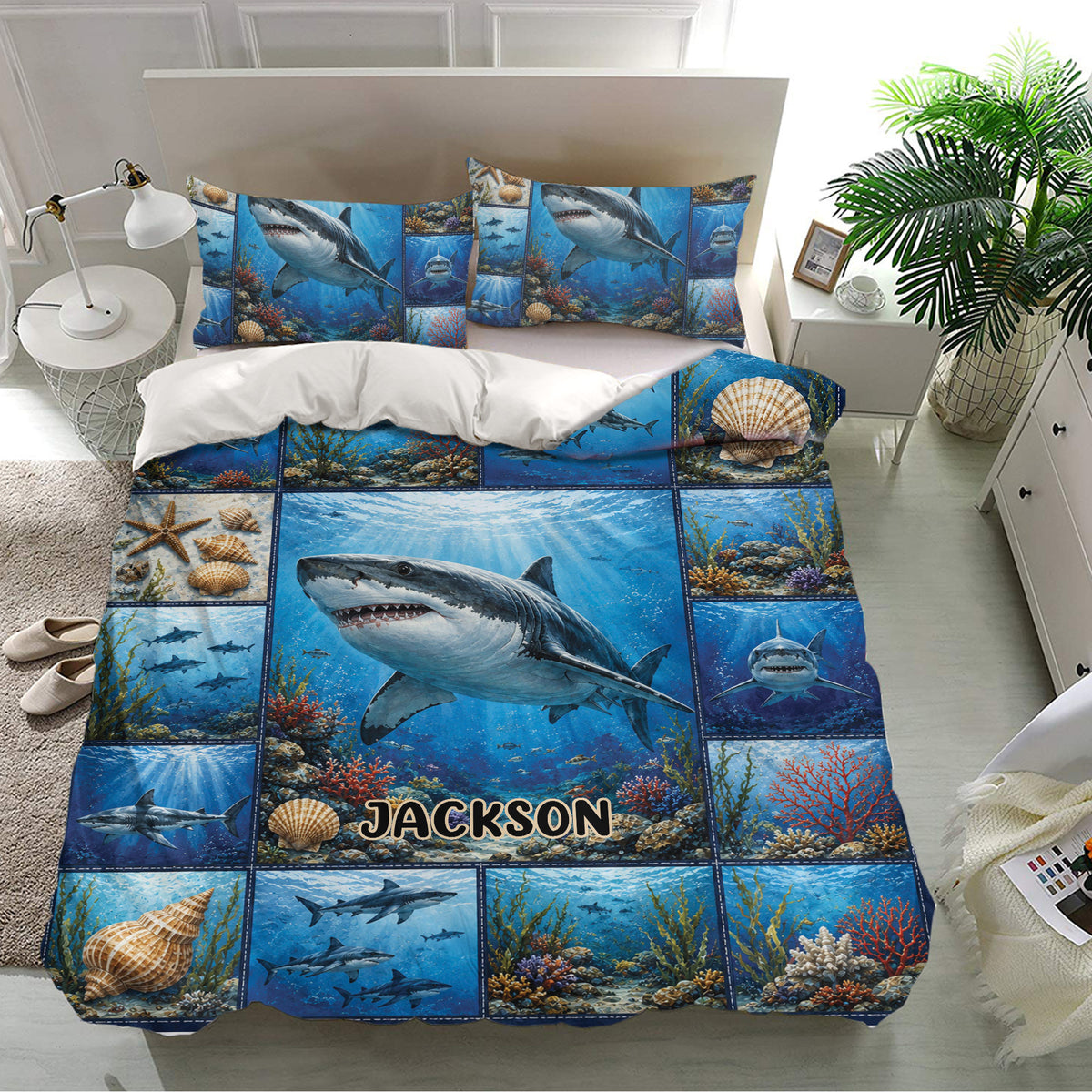 Ocean shark bedding set styled in a bright bedroom with matching pillowcases and detailed underwater artwork
