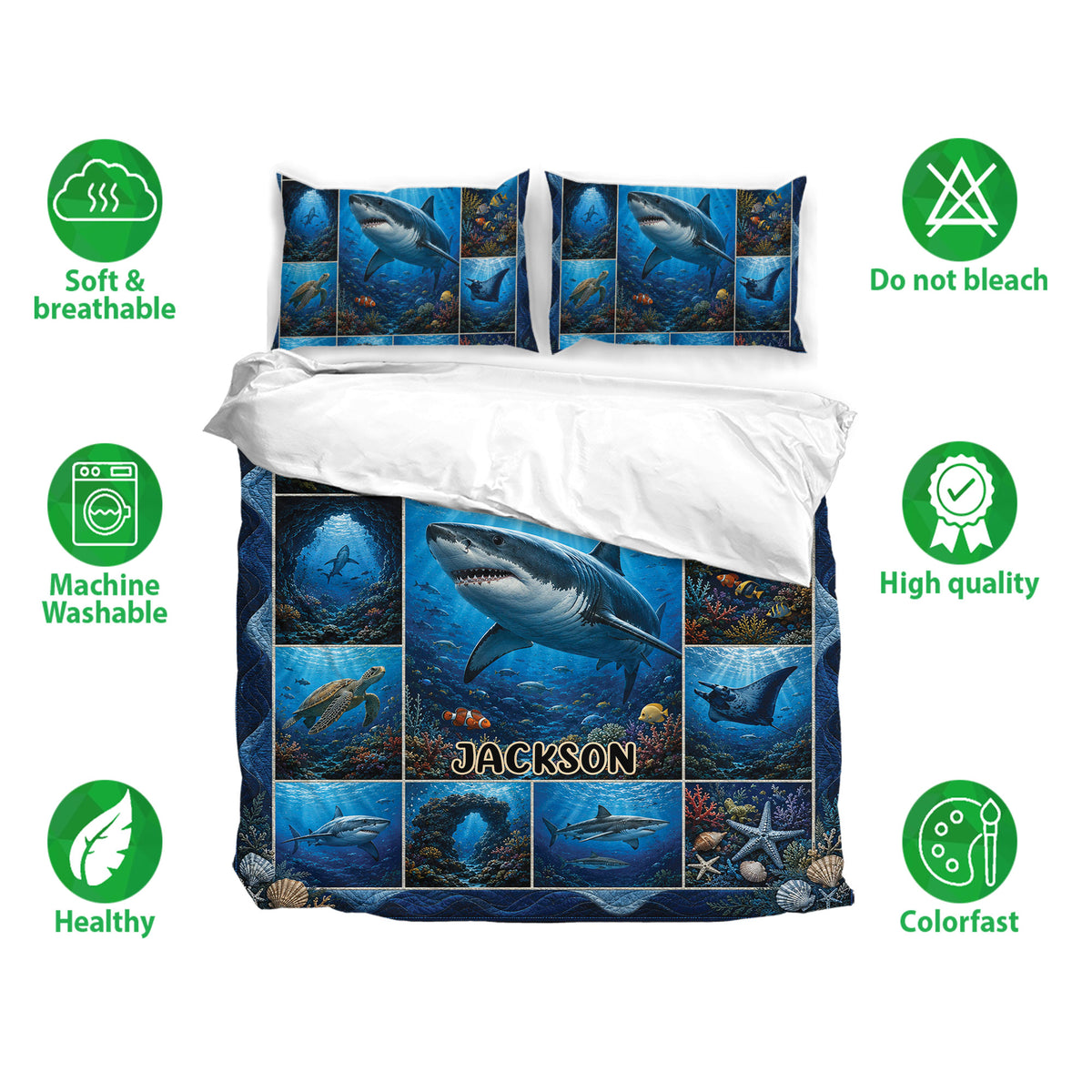 Shark bedding set presentation with matching pillowcases, ocean artwork, and soft breathable fabric callouts