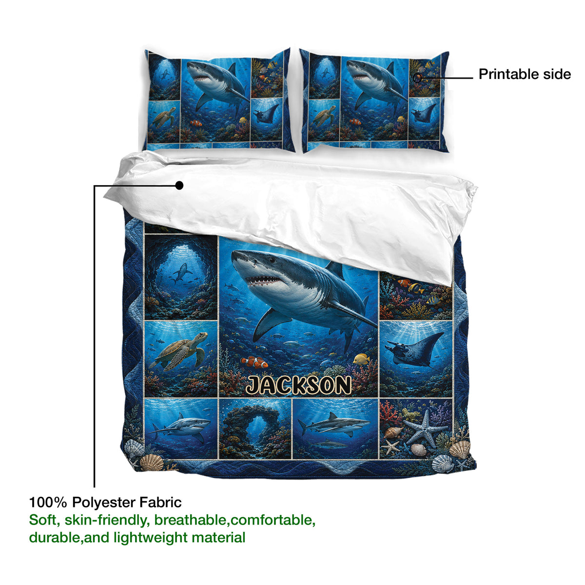 Shark duvet cover set detail showing vivid underwater artwork and a soft blue printed fabric design