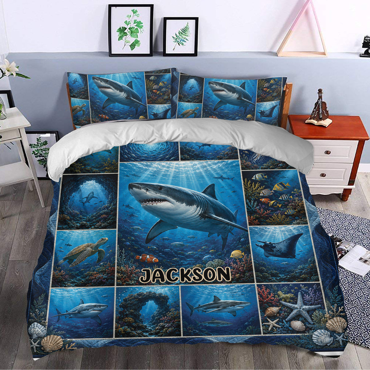 Shark bedding set styled in a bedroom with ocean panels, coral reefs, fish, turtles, and deep blue tones