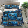 Shark duvet cover bedding set in a bright bedroom featuring matching pillowcases and detailed ocean scenery
