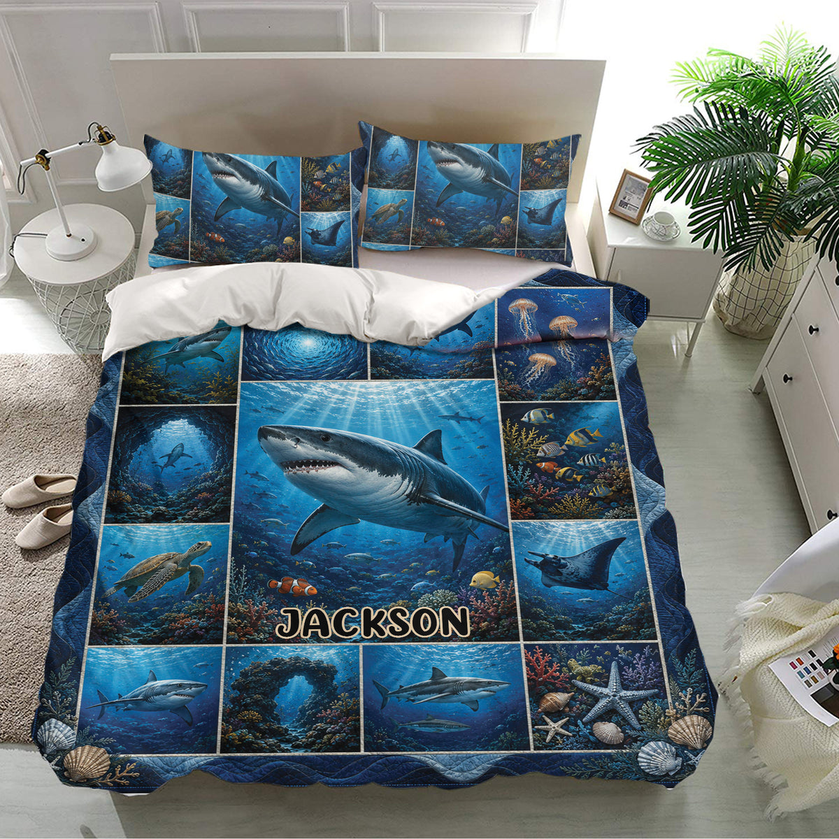 Shark duvet cover bedding set in a bright bedroom featuring matching pillowcases and detailed ocean scenery