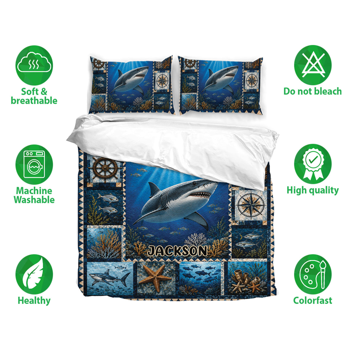 Shark duvet cover bedding set shown with matching pillowcases and colorful underwater artwork in rich ocean blue tones