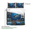 Shark duvet cover set detail showing a large underwater shark scene, coral reef artwork, fish, and nautical accents