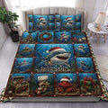 Shark duvet cover set displayed on a bed with underwater scenes, Santa hats, coral, sea turtles, and holiday details