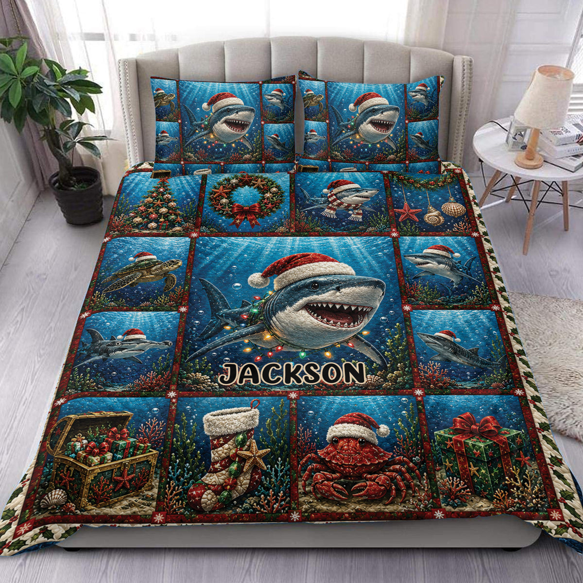 Shark duvet cover set displayed on a bed with underwater scenes, Santa hats, coral, sea turtles, and holiday details