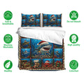 Shark bedding set shown with matching pillowcases, colorful underwater artwork, and festive ocean holiday styling