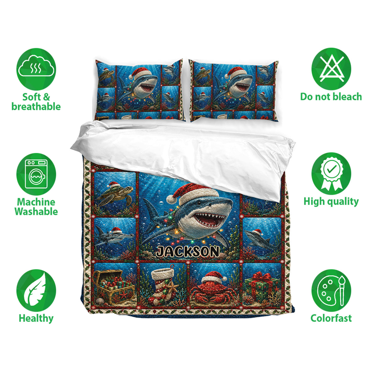 Shark bedding set shown with matching pillowcases, colorful underwater artwork, and festive ocean holiday styling