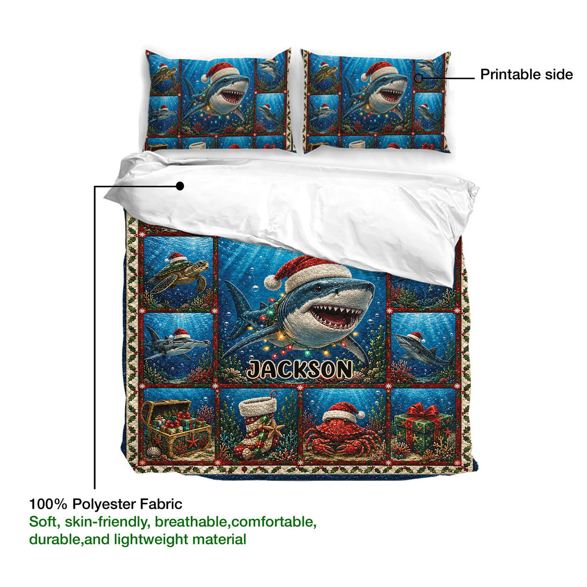 Shark duvet cover bedding set with matching pillowcases and a detailed underwater holiday print